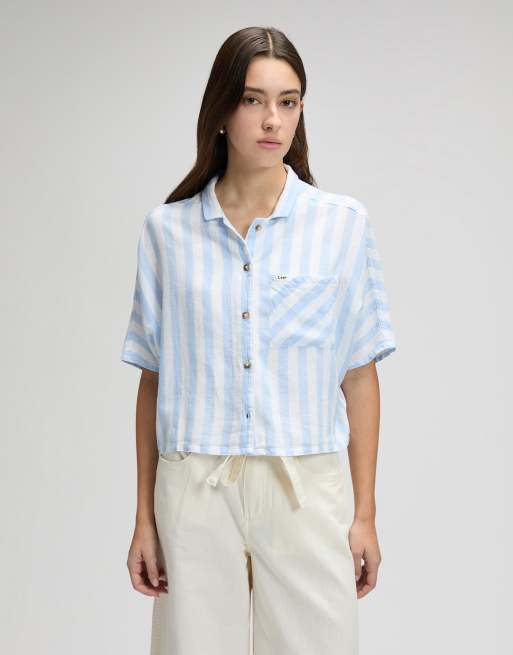 Lee - Camisa resort a rayas azul claro de manga corta
