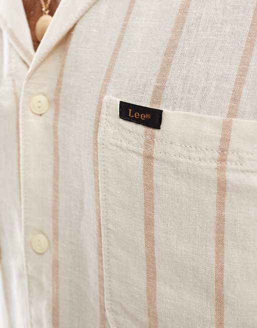Lee Camp relaxed fit linen blend short sleeve shirt with revere collar in beige stripe, 2 of 4