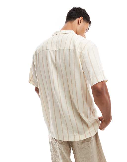 Lee Camp relaxed fit linen blend short sleeve shirt with revere collar in beige stripe, 4 of 4