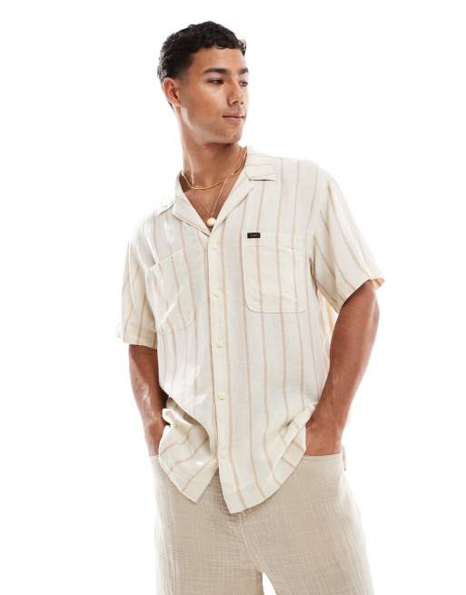 Lee Camp - T-shirt a maniche corte taglio comodo in lino beige a righe con rever