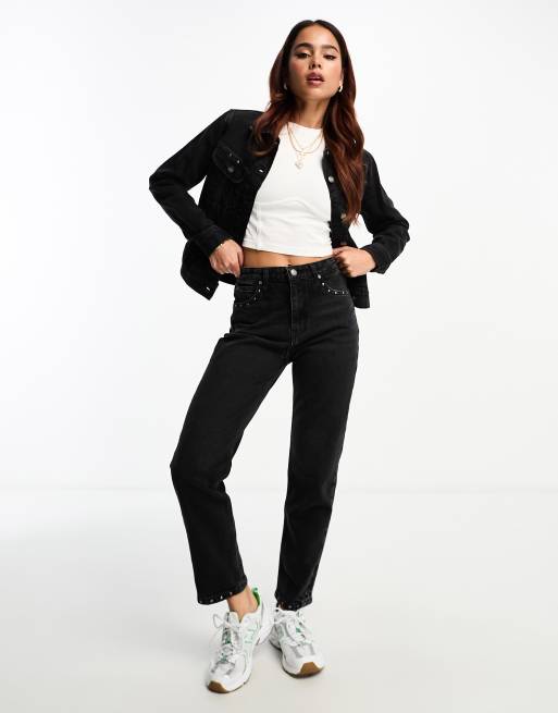 Lee Carol straight fit high waist jeans in black with stud detailing (part  of a set)