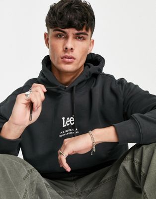 Lee central & back logo loose fit hoodie in washed black