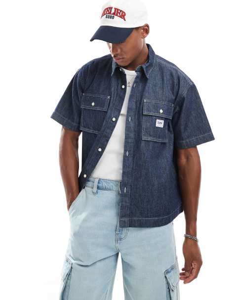 Lee – Ciemnoniebieska koszula jeansowa oversize z krótkimi rękawami w stylu roboczym - view 1