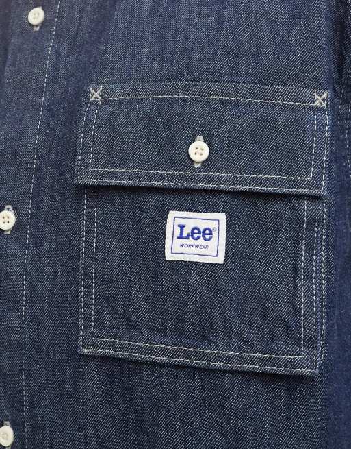 Lee – Ciemnoniebieska koszula jeansowa oversize z krótkimi rękawami w stylu roboczym, 3 z 4