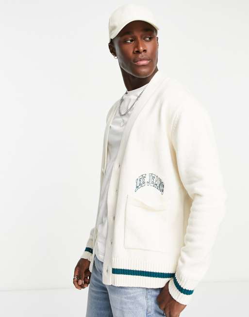 Lee – College-Strickjacke in Ecru mit Bundstreifen und Logo