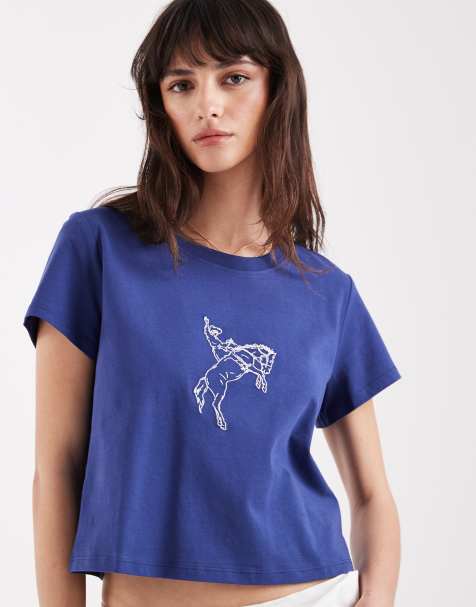 Lee - Cropped blå T-shirt med print - view 1