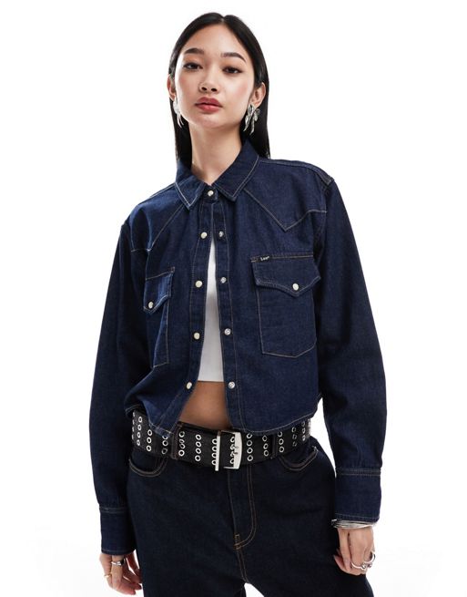 Lee cropped western denim shirt relaxed fit in dark blue