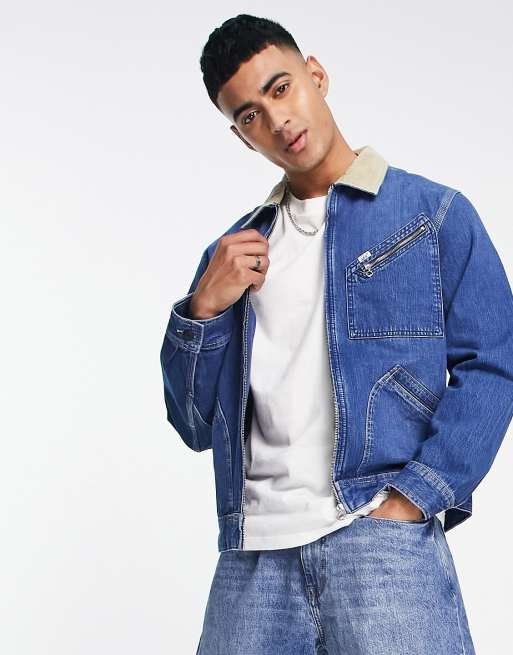 Lee - Denim jack met kraagje van corduroy en rits aan de voorkant in mid-wash