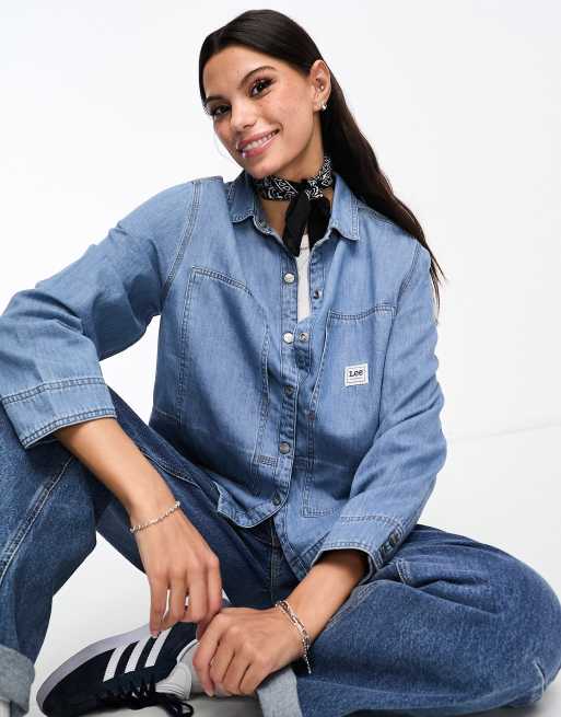 Lee - Denim overhemd met workwear-detail in middenblauw