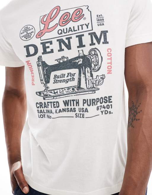 Lee denim sewing logo print t-shirt in off white | ASOS