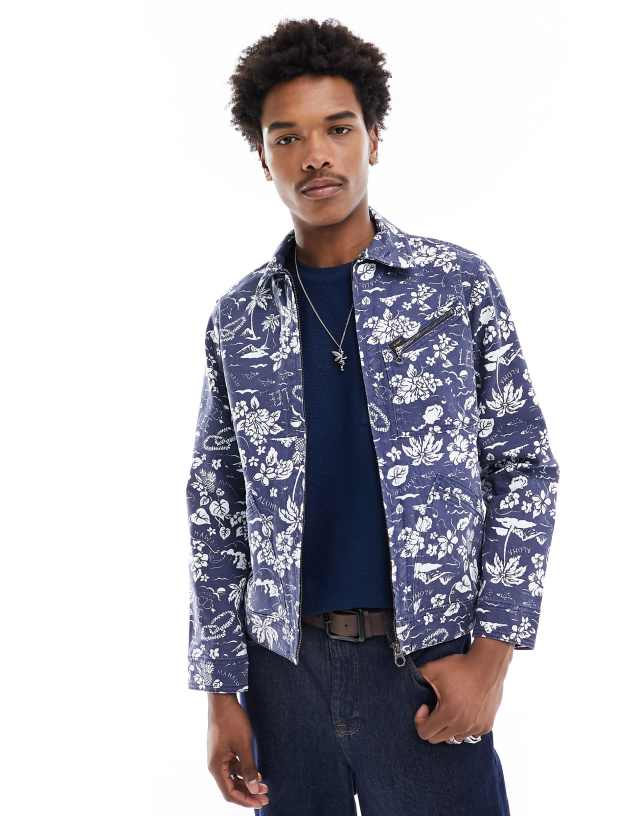 Lee - eisenhower floral print denim harrington jacket in mid blue