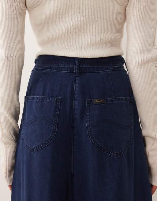 Lee - Geplooide jeans met wijde pijpen in middenblauw, 4 van 5