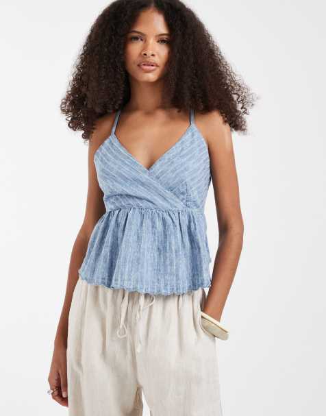 Lee - Gestreepte cami met ruches en peplum in lichtblauw - view 1