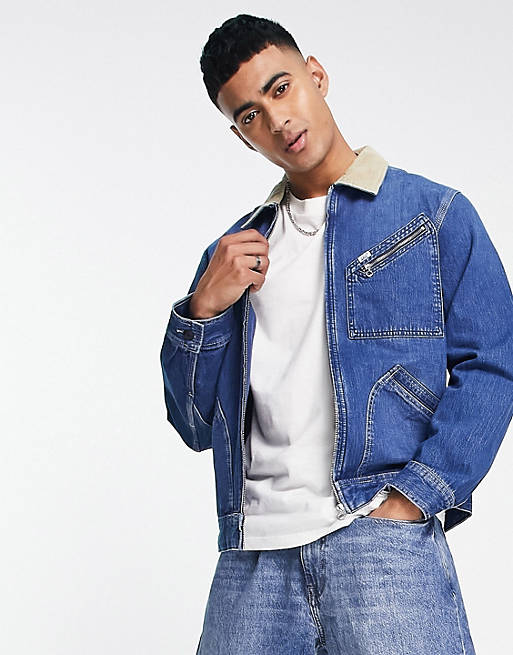 Lee - Giacca di jeans lavaggio medio con zip sul davanti e colletto in velluto a coste