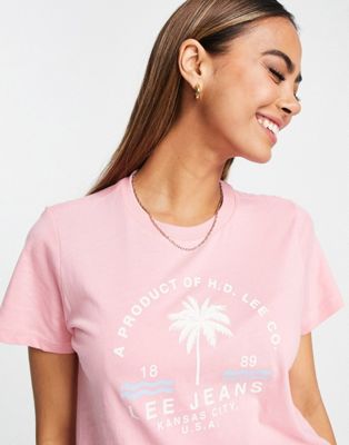 Lee Jeans graphic palm print tee in pastel pink