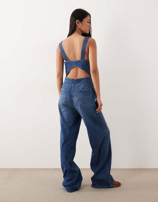 Lee – Jumpsuit in Hellblau mit Trägern, Zierausschnitten und weitem Bein, 4 von 6
