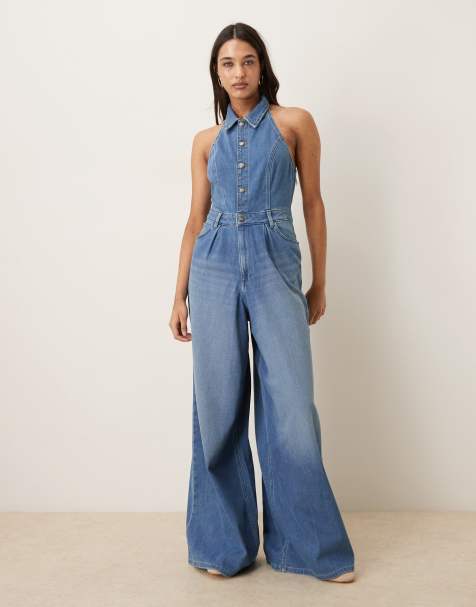 Lee – Jumpsuit in Hellblau mit weitem Bein und Neckholder - view 1