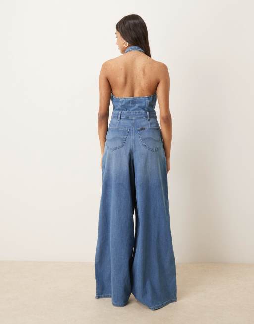 Lee - Jumpsuit met wijde pijpen en halternek in lichtblauw, 2 van 4