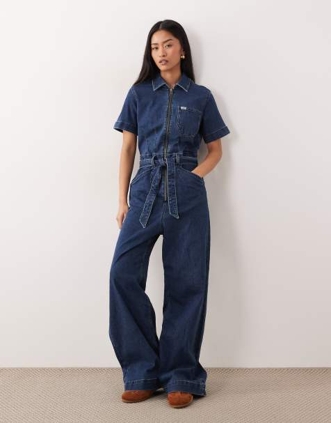 Lee - Jumpsuit met wijde pijpen en korte mouwen in indigoblauw - view 1