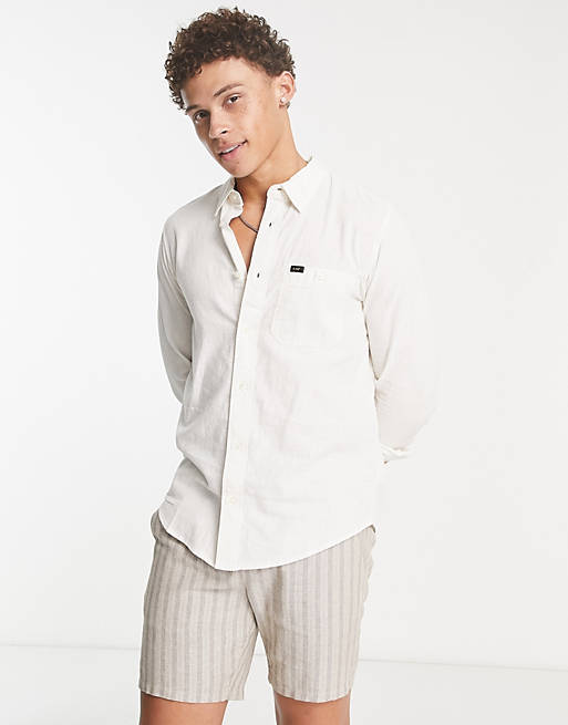 Lee - Leesure - Camicia regular fit in cotone e lino chambray color crema