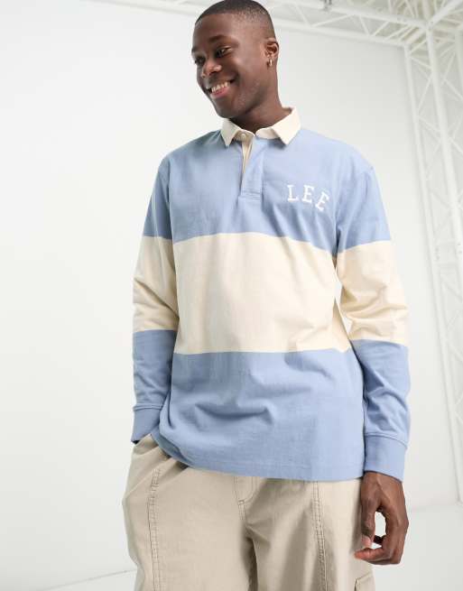 Lee logo colour block rugby polo in light blue