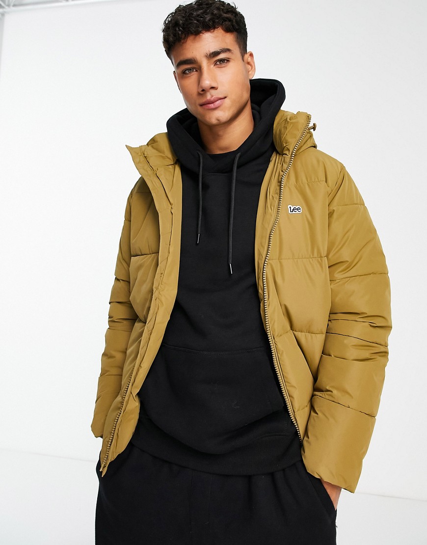 Lee logo hooded puffer jacket in tan-Brown