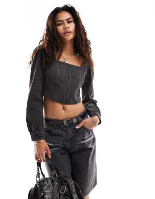 Lee Lee long sleeve denim corset top in washed black