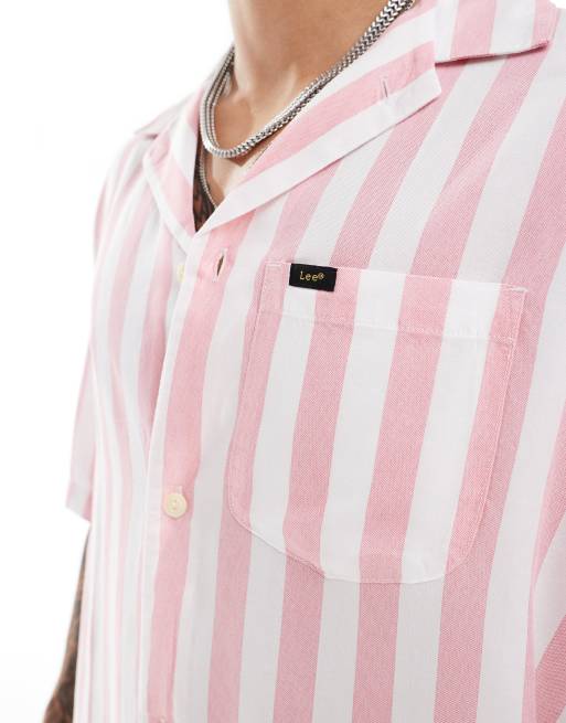 Lee loose fit short sleeve revere collar bold stripe lyocell shirt in pink, 3 of 4