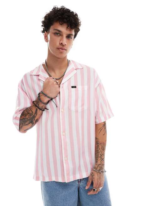 Lee loose fit short sleeve revere collar bold stripe lyocell shirt in pink, 4 of 4