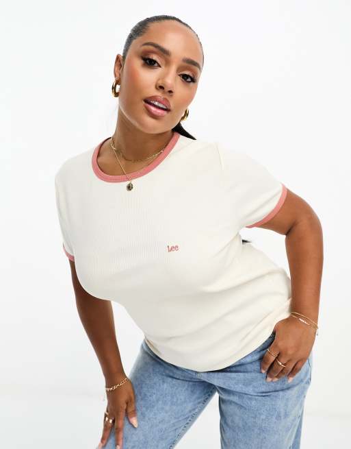 Lee Plus – Geripptes T-Shirt in Wollweiß mit gesticktem Logo