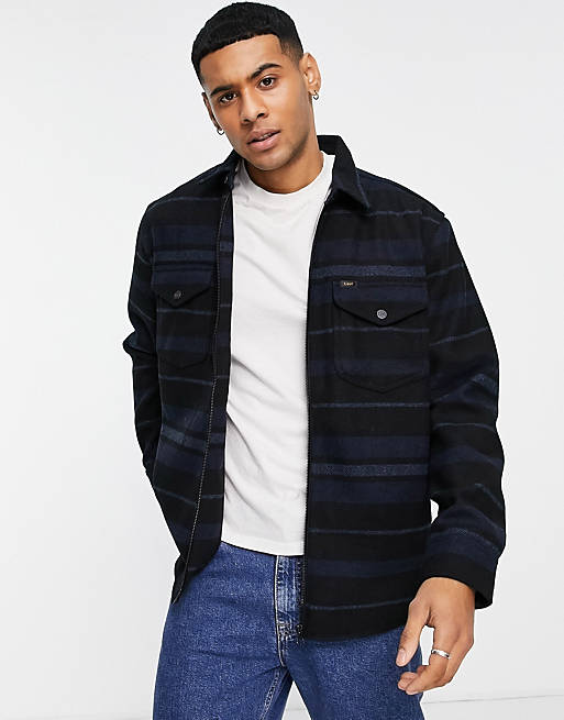  Lee recycled wool blend stripe zip front overshirt jacket in navy 