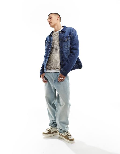 Lee reversible borg and denim rider jacket in mid dark wash, 3 of 4