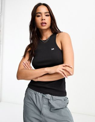 Lee ribbed tank top with emboridered logo in washed black - ASOS Price Checker