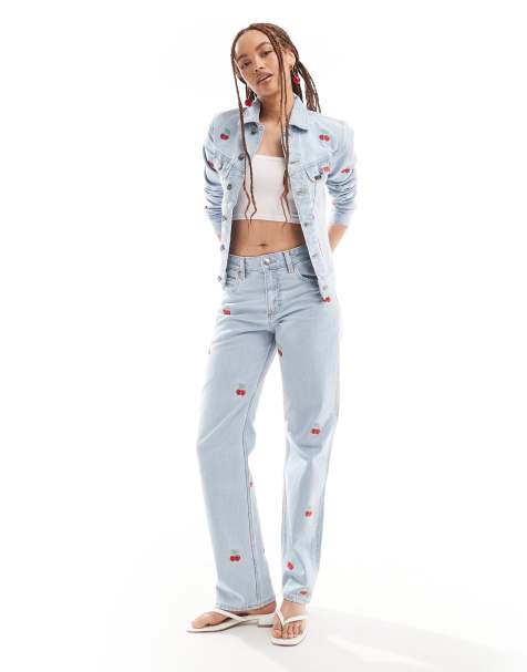Lee Rider classic straight fit all over cherries jeans in light wash co-ord - view 1