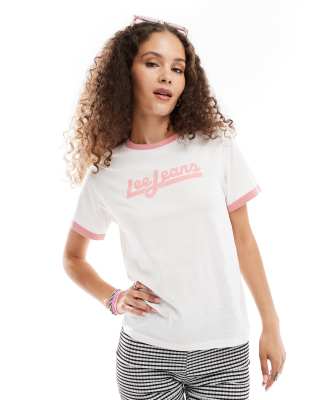 Lee ringer t-shirt in white and pink-Multi