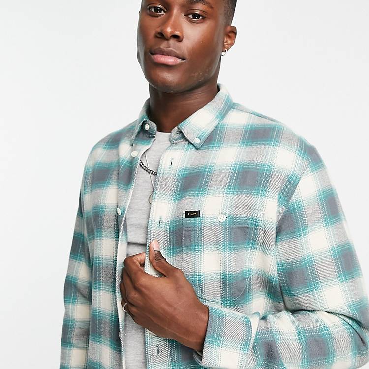 riveted check heavy flannel relaxed fit shirt in green ASOS