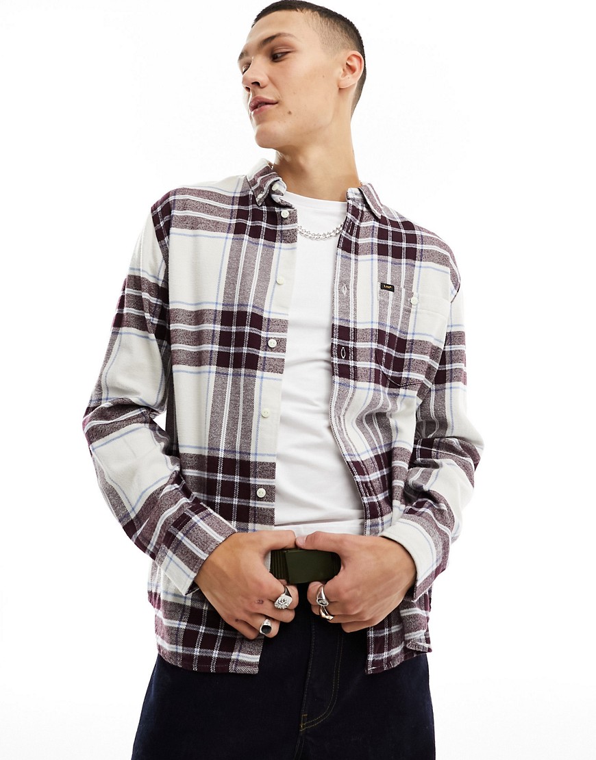 Lee Riveted wide check relaxed fit twill shirt in ecru/burgundy-White