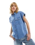 Lee short sleeve drapey denim shirt in light wash-Blue