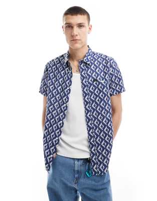 Lee Lee short sleeve geometric pattern linen blend shirt in dark blue-Navy