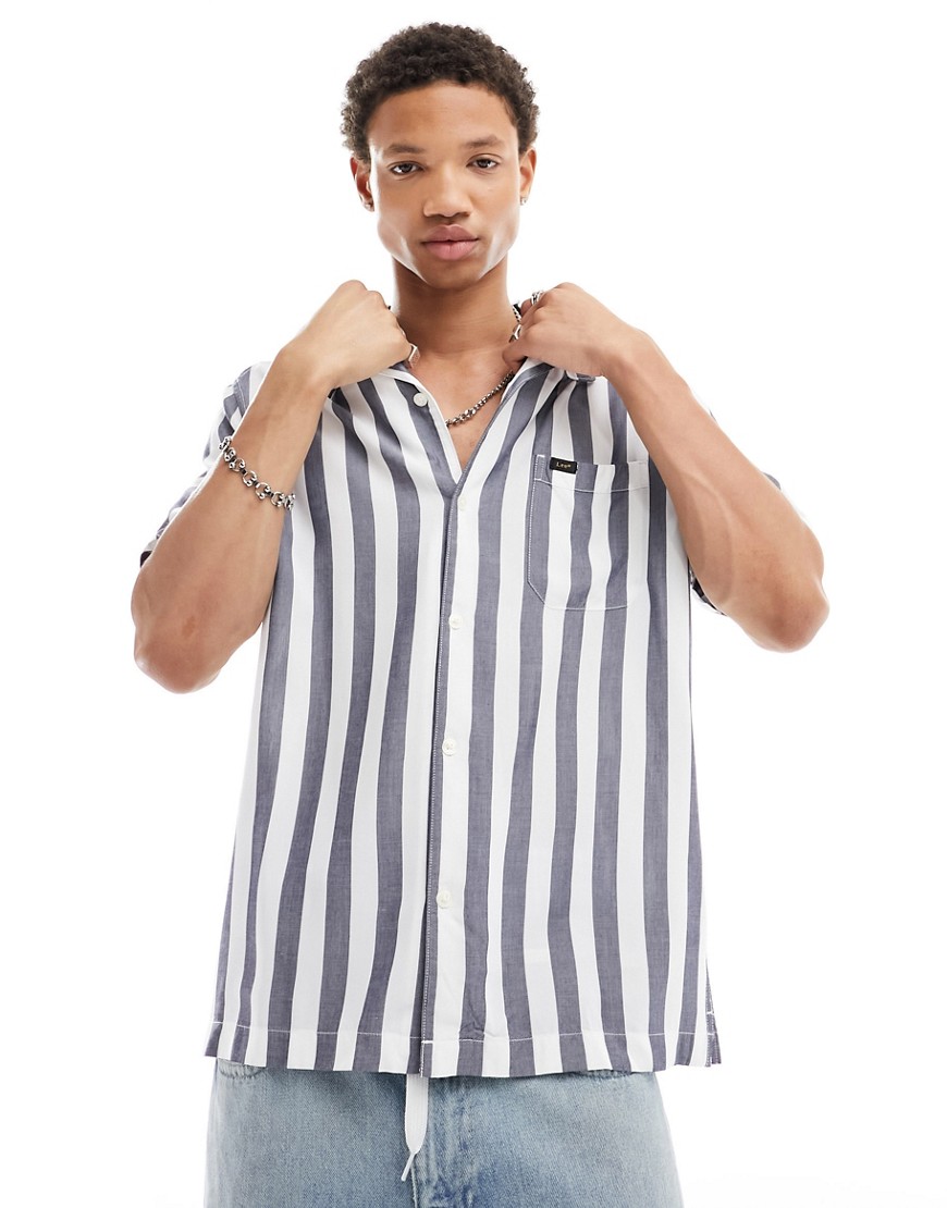 Lee short sleeve revere collar bold stripe resort shirt relaxed fit in navy