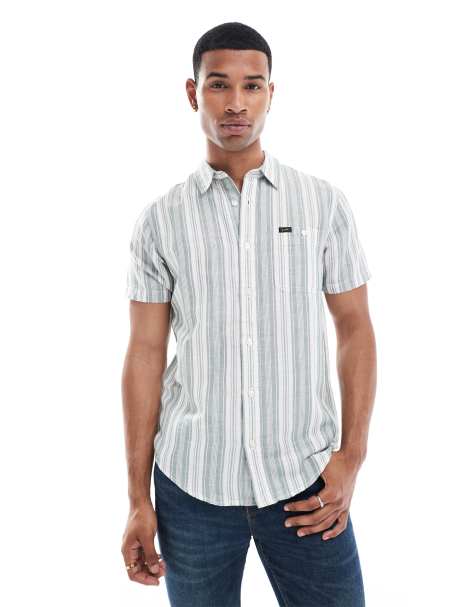 Lee short sleeve stripe linen blend shirt in mid green - view 1