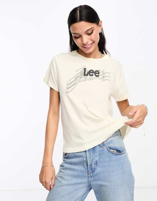 Lee – T-Shirt in Ecru mit markantem Logo 