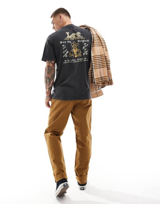 Lee – T-shirt w spranym brązowym kolorze z grafiką z kowbojem i logo