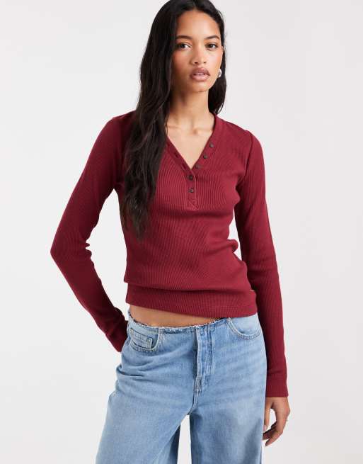 Lee top lavorato a maglia a nido d'ape a maniche lunghe rosso, 3 di 4
