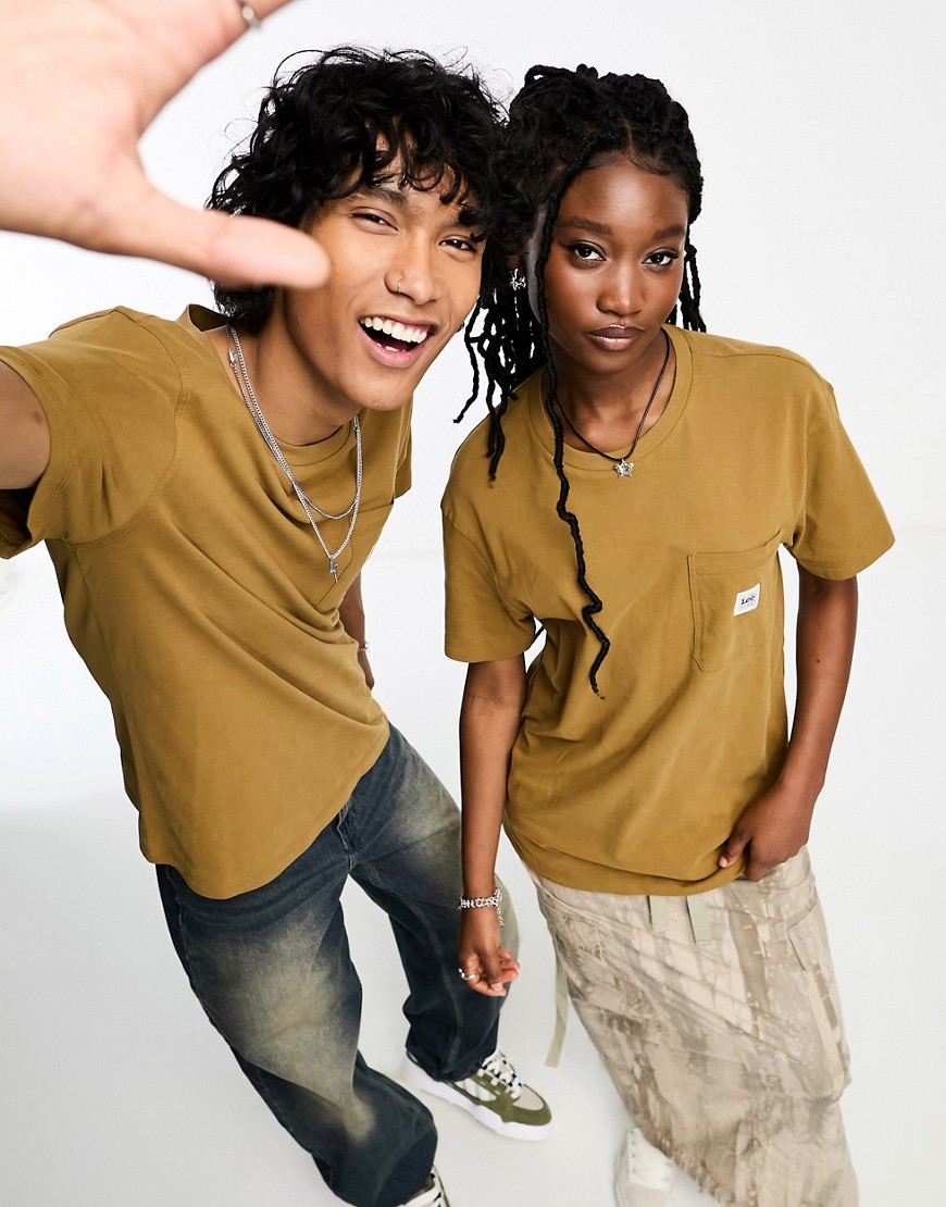 Lee unisex workwear capsule label logo pocket relaxed fit t-shirt in tumbleweed tan-Brown