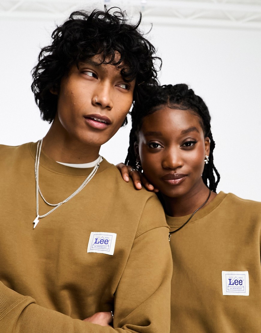 Lee unisex workwear capsule label logo relaxed fit sweatshirt in tan-Brown