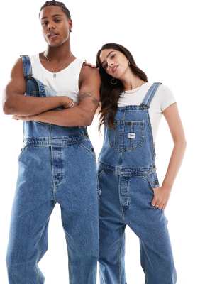 Lee unisex workwear relaxed fit denim dungarees in mid wash-Blue φωτογραφία