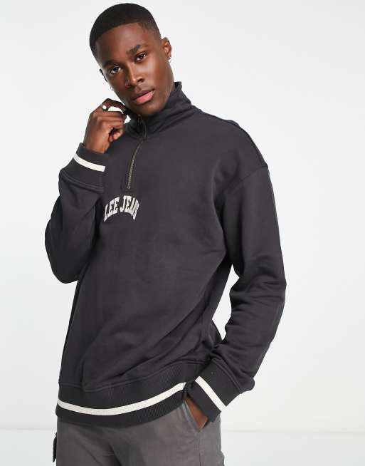 Lee varsity central logo loose fit half zip sweatshirt in washed black