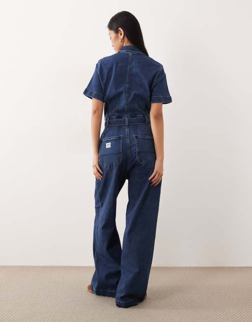 Lee wide leg short sleeve jumpsuit in indigo blue, 3 of 4