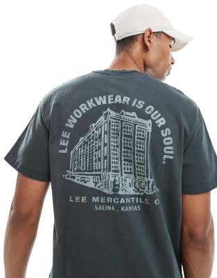 Lee Lee workwear back print t-shirt in washed black